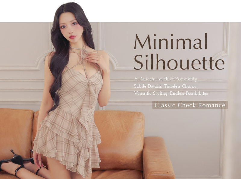 アシンメトリー フリル ホルターネック リボン シフォン チェック柄 2way キャミソール フレアミニドレス3