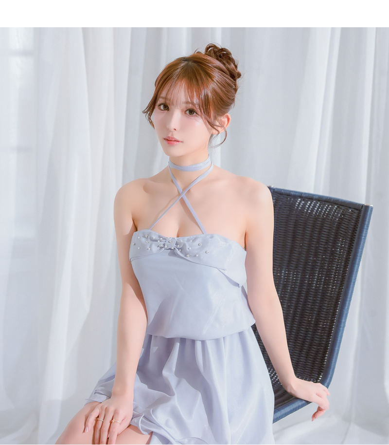 バストリボン ビジュー フリル 2way ホルターネック フレアミニドレス