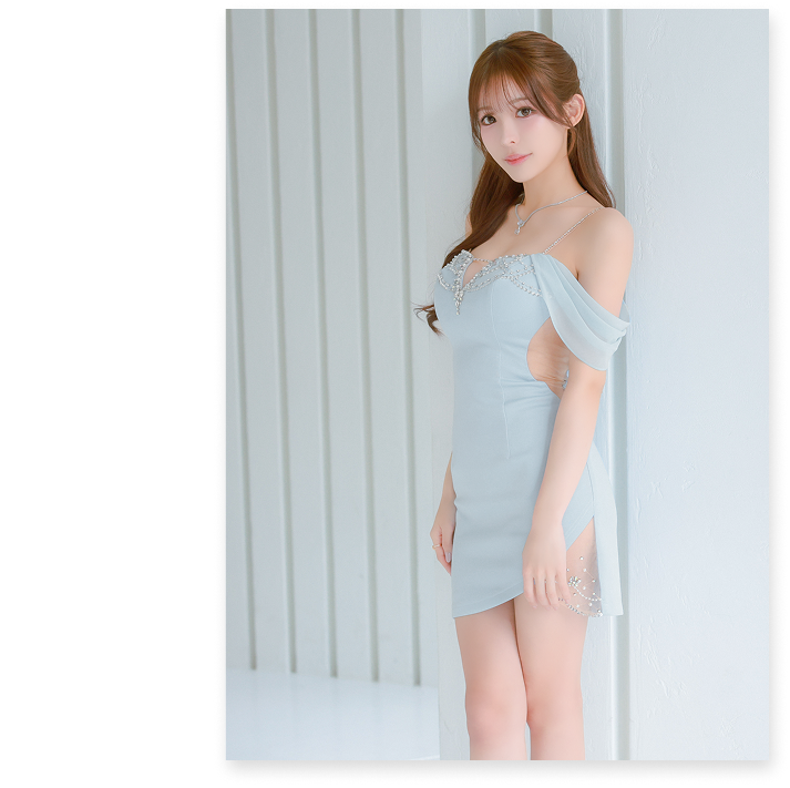 オープンバスト 肩あき シフォン くびれ透け ビジュー セクシー タイトミニドレス2枚目