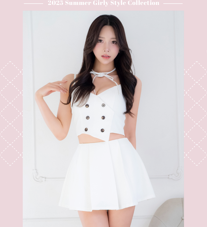 プリーツ セクシー ダブルボタン セットアップ キャミソール オープンバスト チョーカー付き フレアミニドレス1枚目