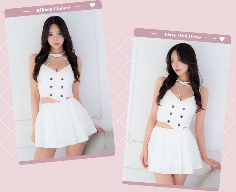 プリーツ セクシー ダブルボタン セットアップ キャミソール オープンバスト チョーカー付き フレアミニドレス2枚目