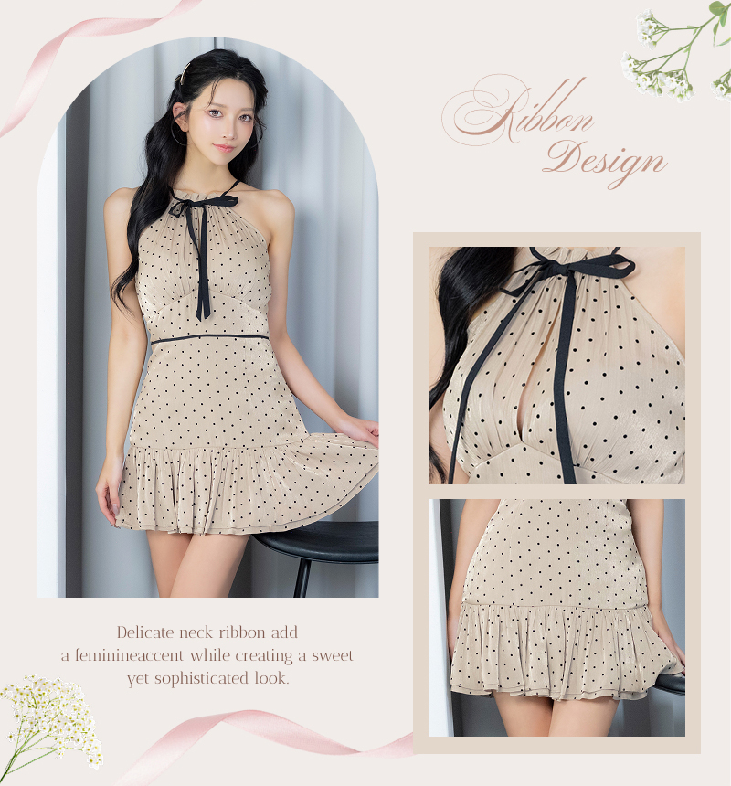 オーガンジー ガーリー ドット柄 ホルターネック リボン フレアミニドレス2枚目