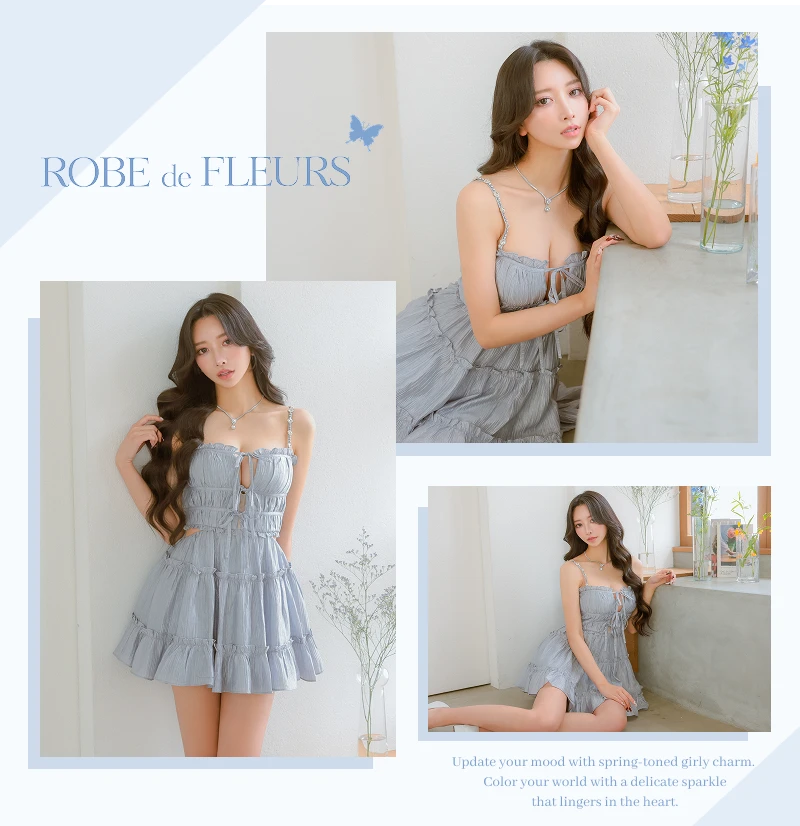 シャーリング サテン ガーリー リボン ウエストスリット ビジュー オープンバスト キャミソール フレアミニドレス2枚目