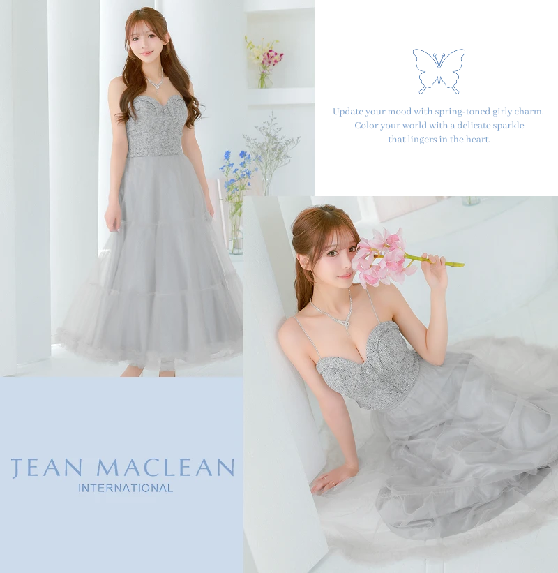 ハートカット フロントボタン キャミソール ツイード シフォンスカート セットアップ Aラインロングドレス2枚目