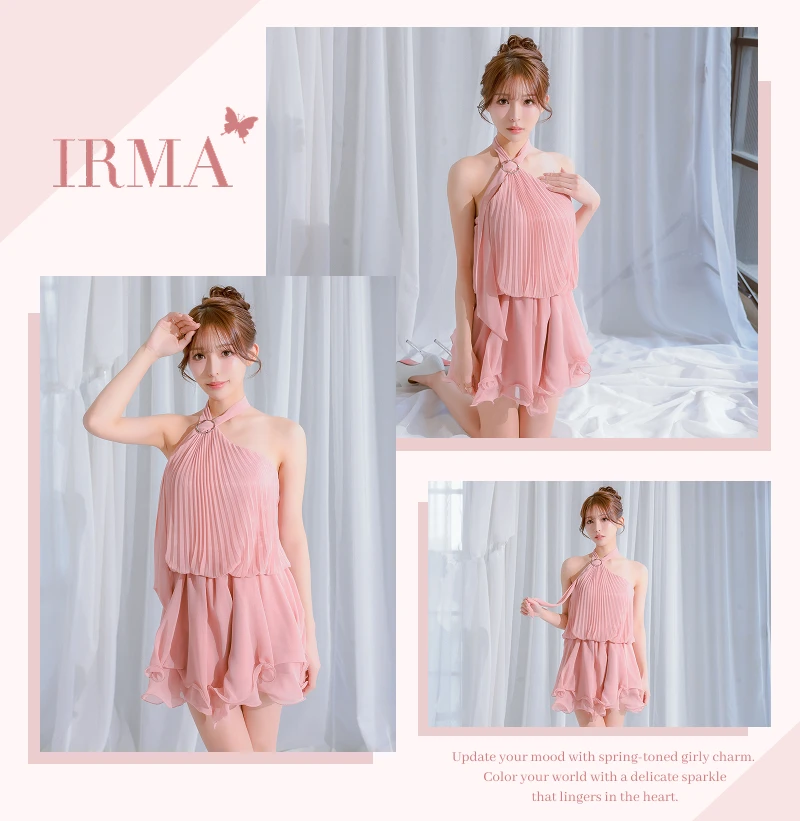 シフォン ホルターネック アコーディオンプリーツ カットオフ フレアミニドレス2枚目