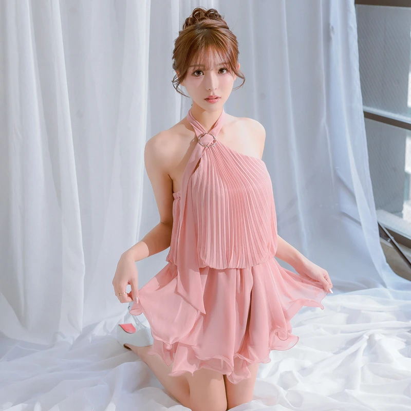 シフォン ホルターネック アコーディオンプリーツ カットオフ フレアミニドレス