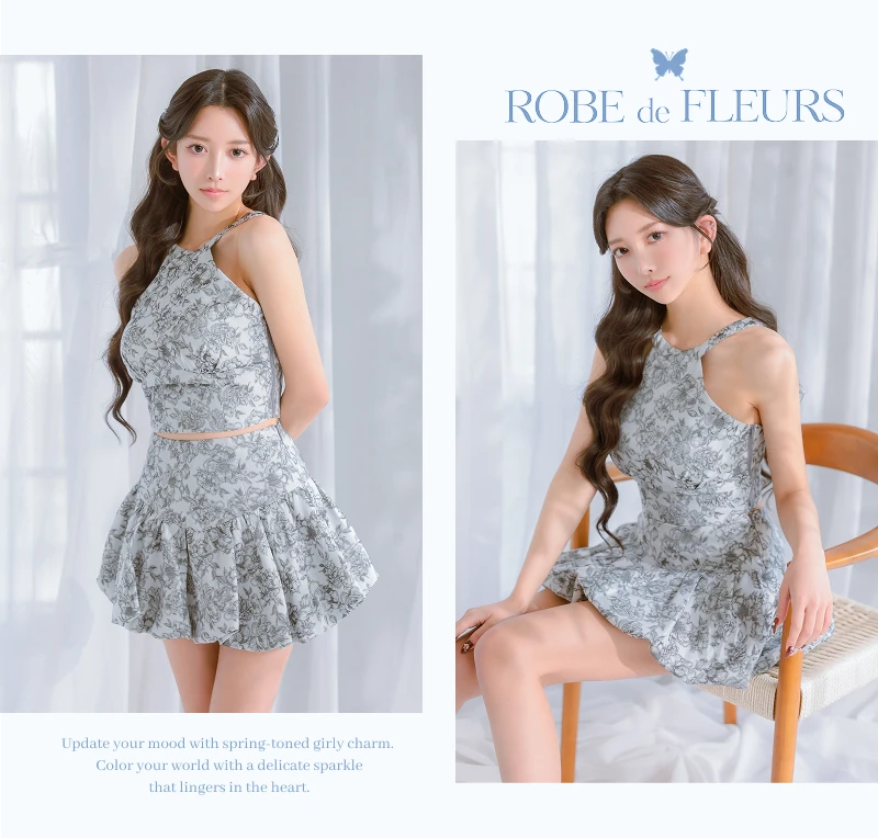 ホルターネック バックリボン 花柄ジャガード セットアップ ラメレース フレアミニドレス2枚目