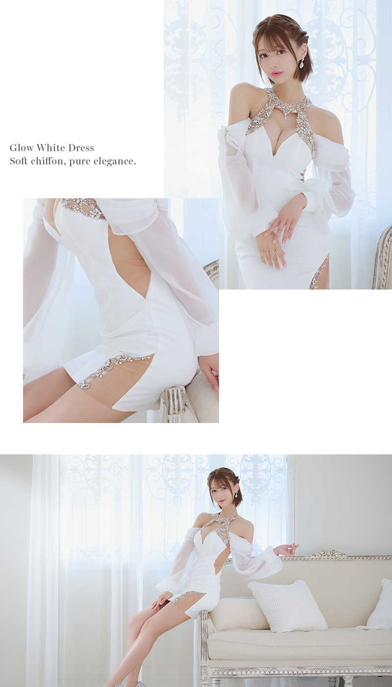 長袖 肩あき くびれ透け ビジュー シフォンスリーブ オープンバスト ホルターネック セクシー タイトミニドレス2枚目