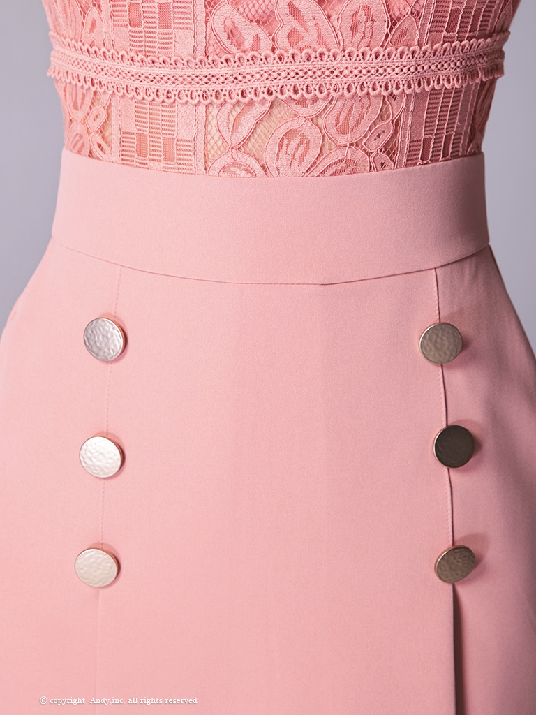 フラワー 刺繍 レース ゴールド ボタン 切り替え 袖あり プリーツ フレアミニドレスの詳細画像2
