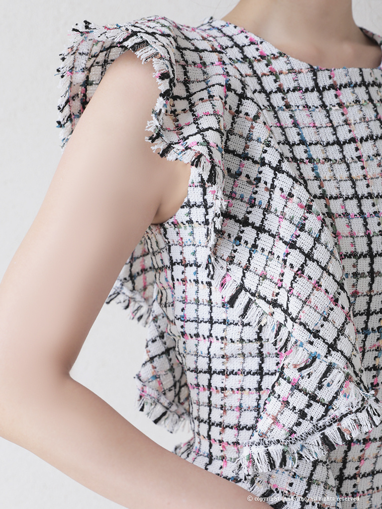 ツイード フリル チェック柄 台形スカート ノースリーブ フレアミニドレスの詳細画像2