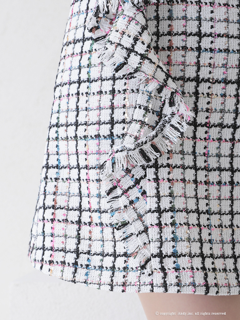 台形スカート チェック柄 ツイード フリル ノースリーブ フレアミニドレスの詳細画像3