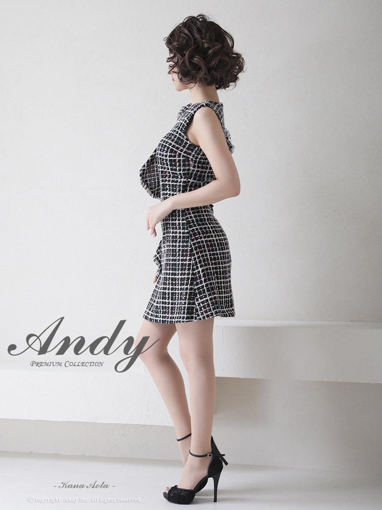 ツイード フリル チェック柄 台形スカート ノースリーブ フレアミニドレスの全身サイド画像2