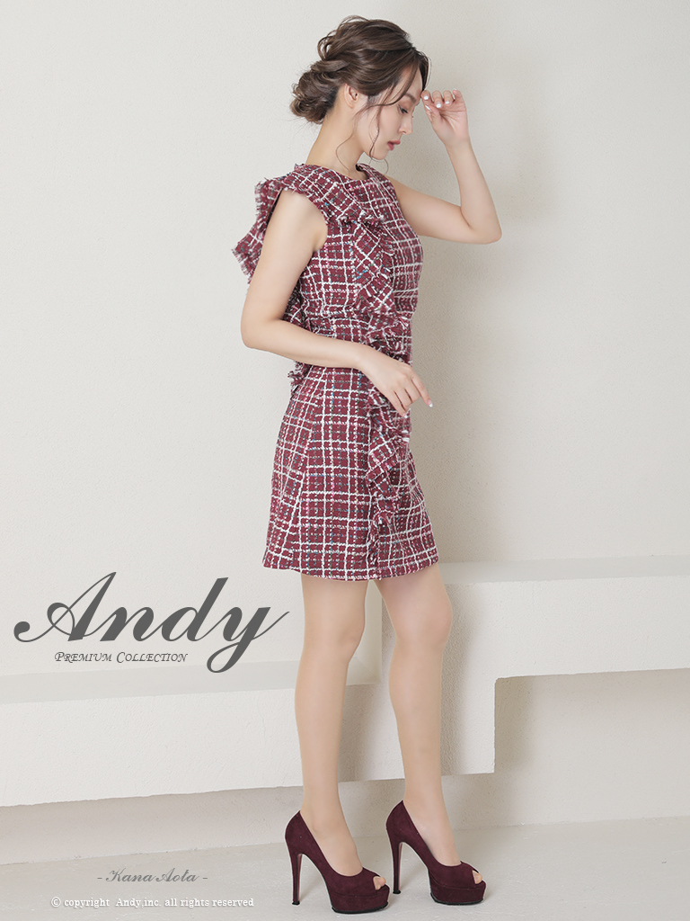 ツイード フリル チェック柄 台形スカート ノースリーブ フレアミニドレスの全身サイド画像4
