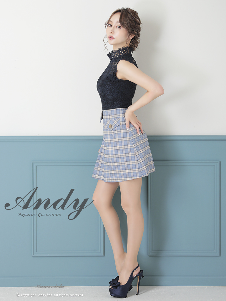 【Andy/アンディ】ハイネック チェック柄 ノースリーブ フレアミニドレスの全身サイド画像
