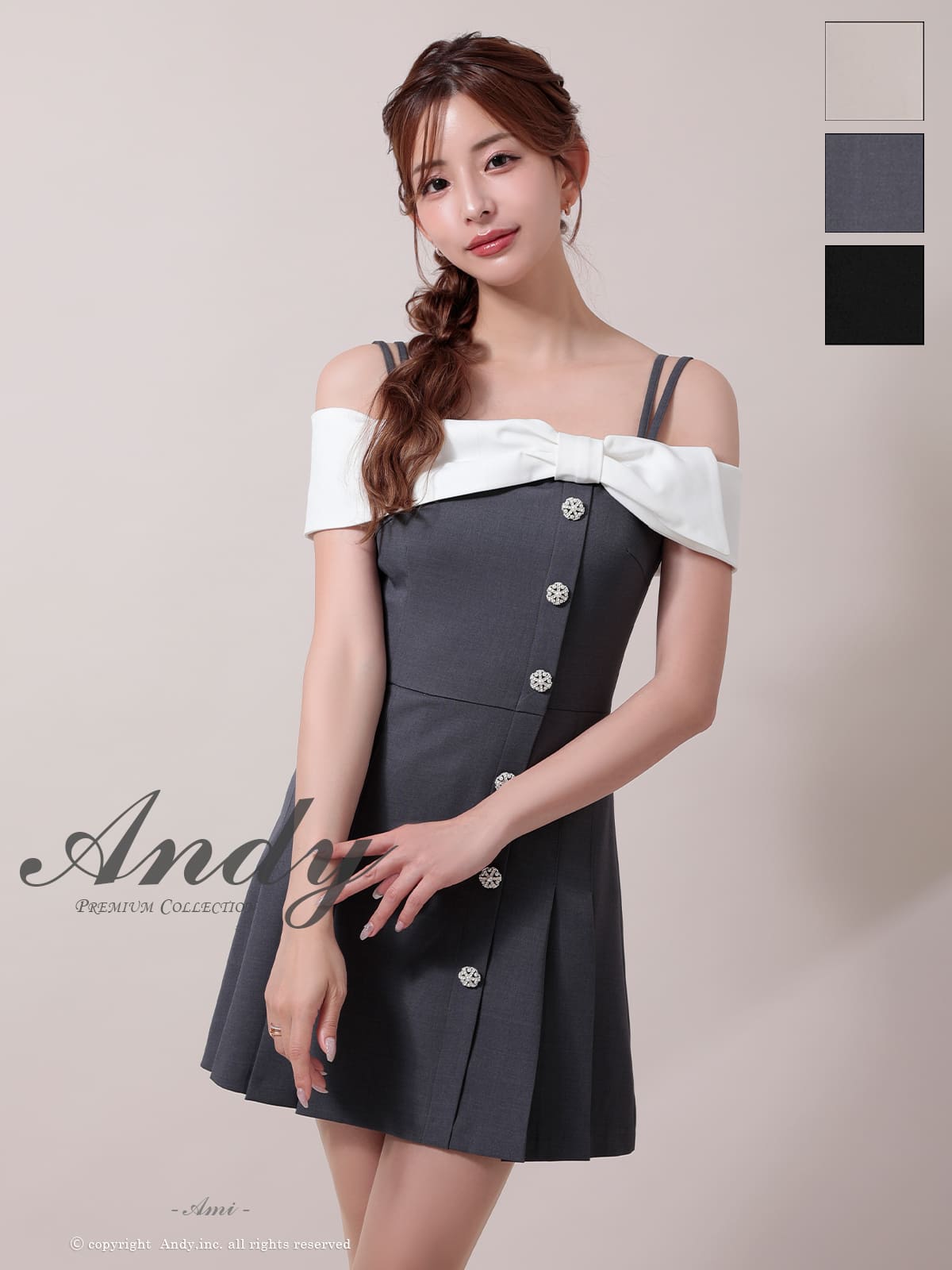 肩あき リボン バイカラー ボタン プリーツ フレアミニドレスのメイン画像3