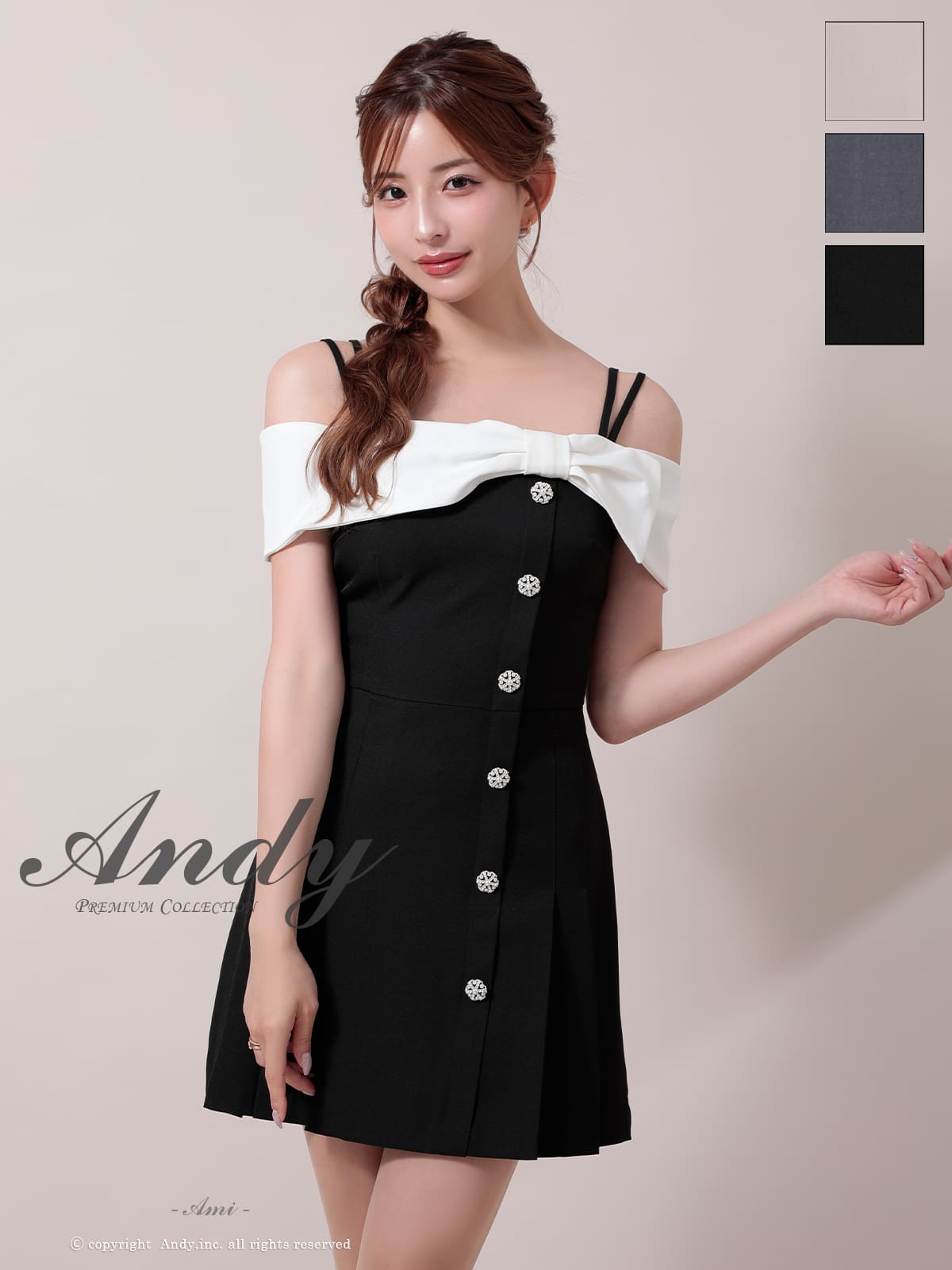 肩あき リボン バイカラー ボタン プリーツ フレアミニドレスのメイン画像3