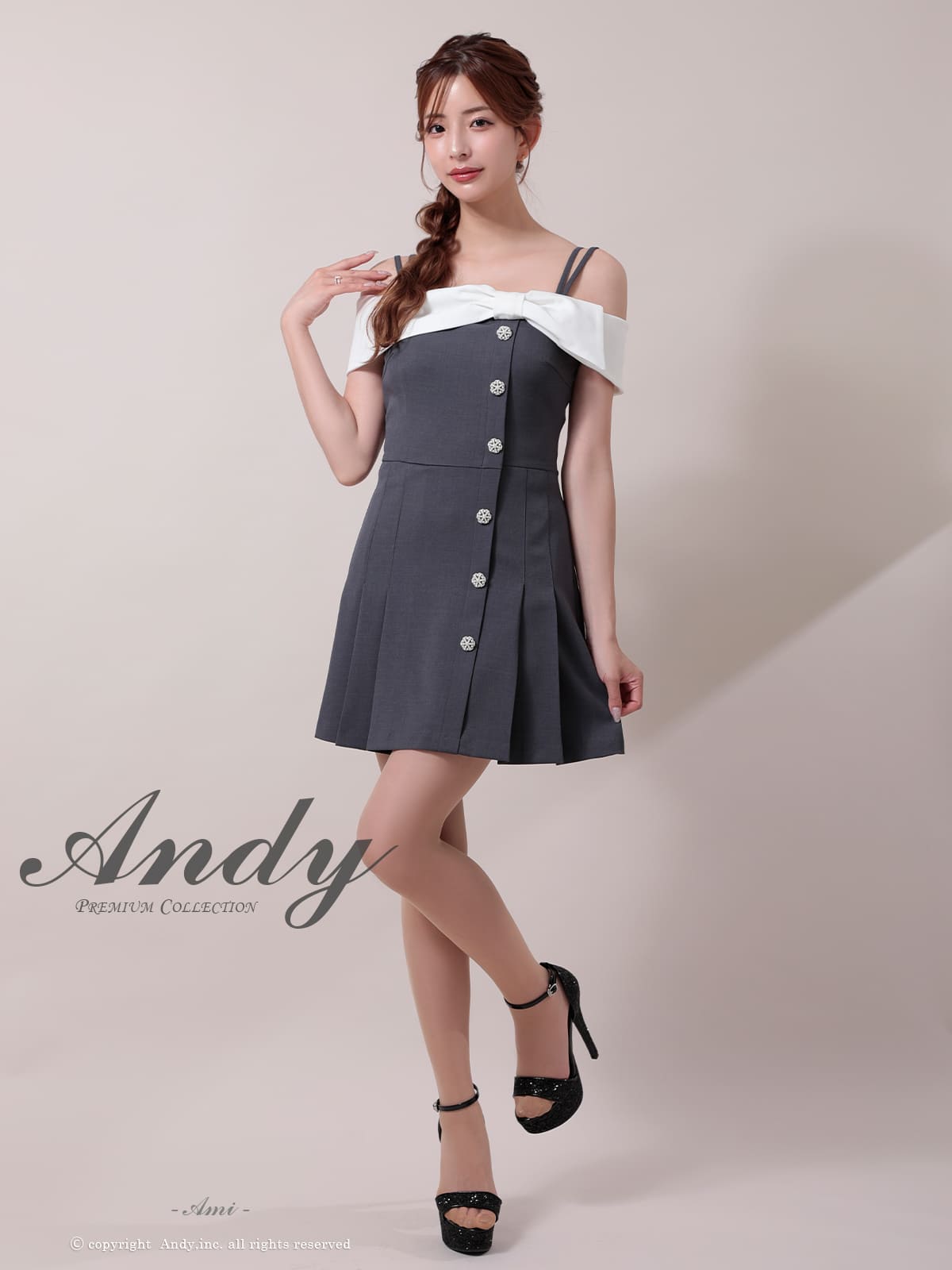 肩あき リボン バイカラー ボタン プリーツ フレアミニドレスの詳細画像2