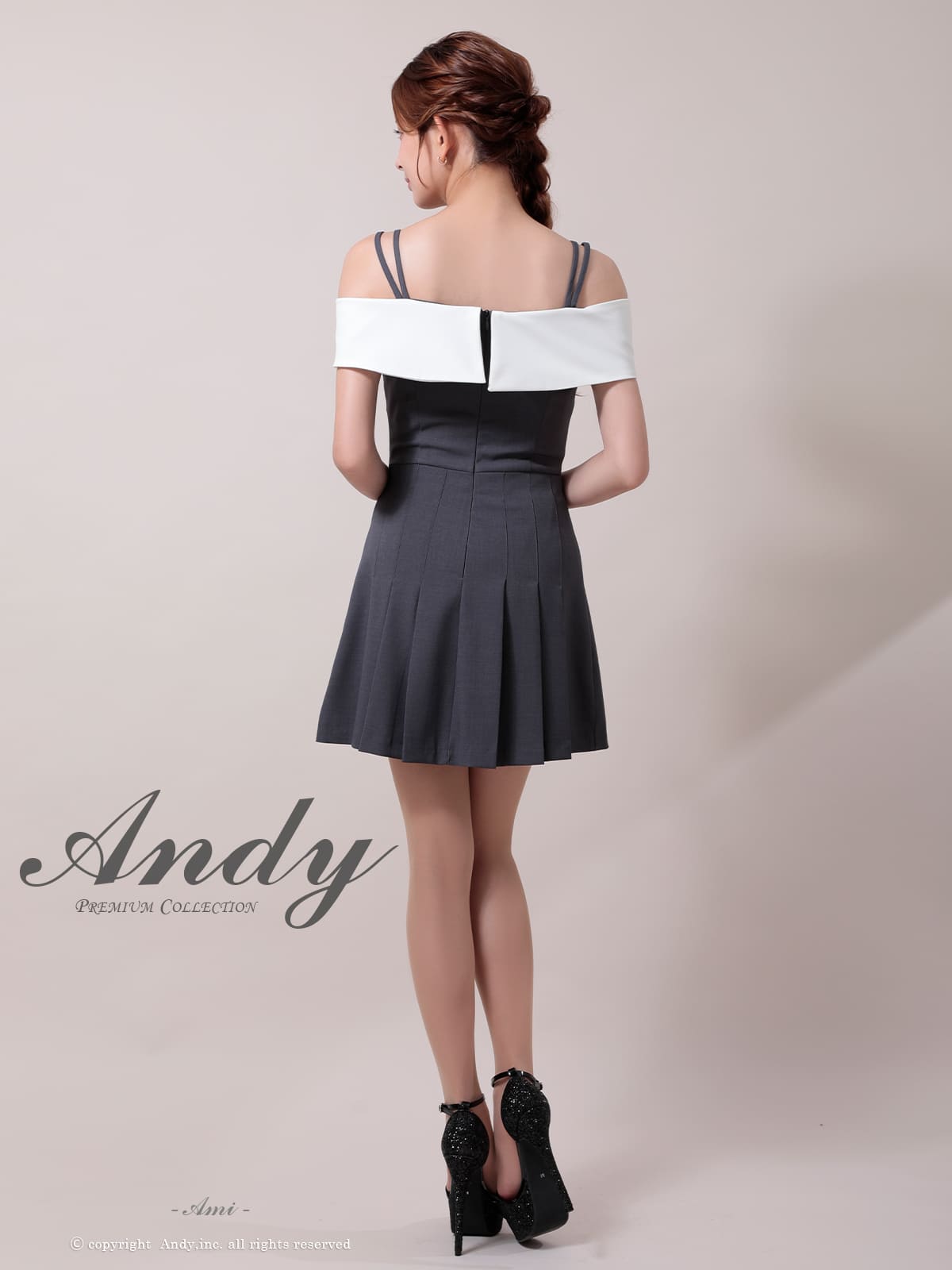 肩あき リボン バイカラー ボタン プリーツ フレアミニドレスの詳細画像3