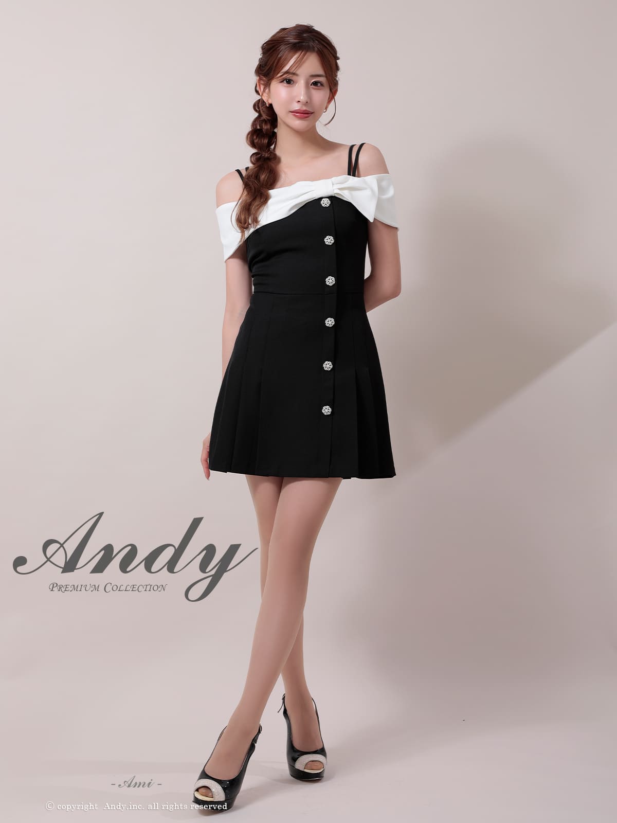 肩あき リボン バイカラー ボタン プリーツ フレアミニドレスの詳細画像3