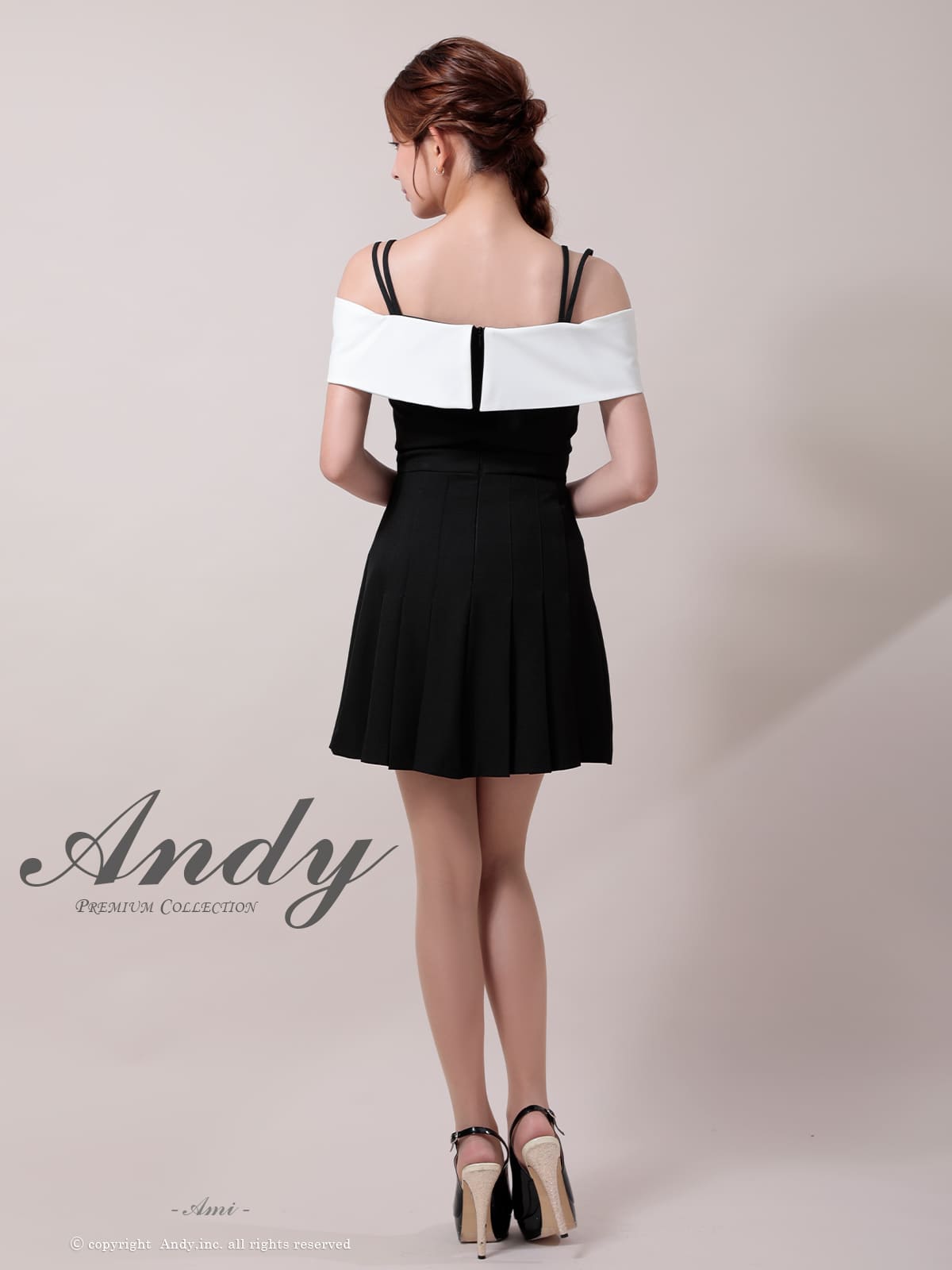 肩あき リボン バイカラー ボタン プリーツ フレアミニドレスの詳細画像3