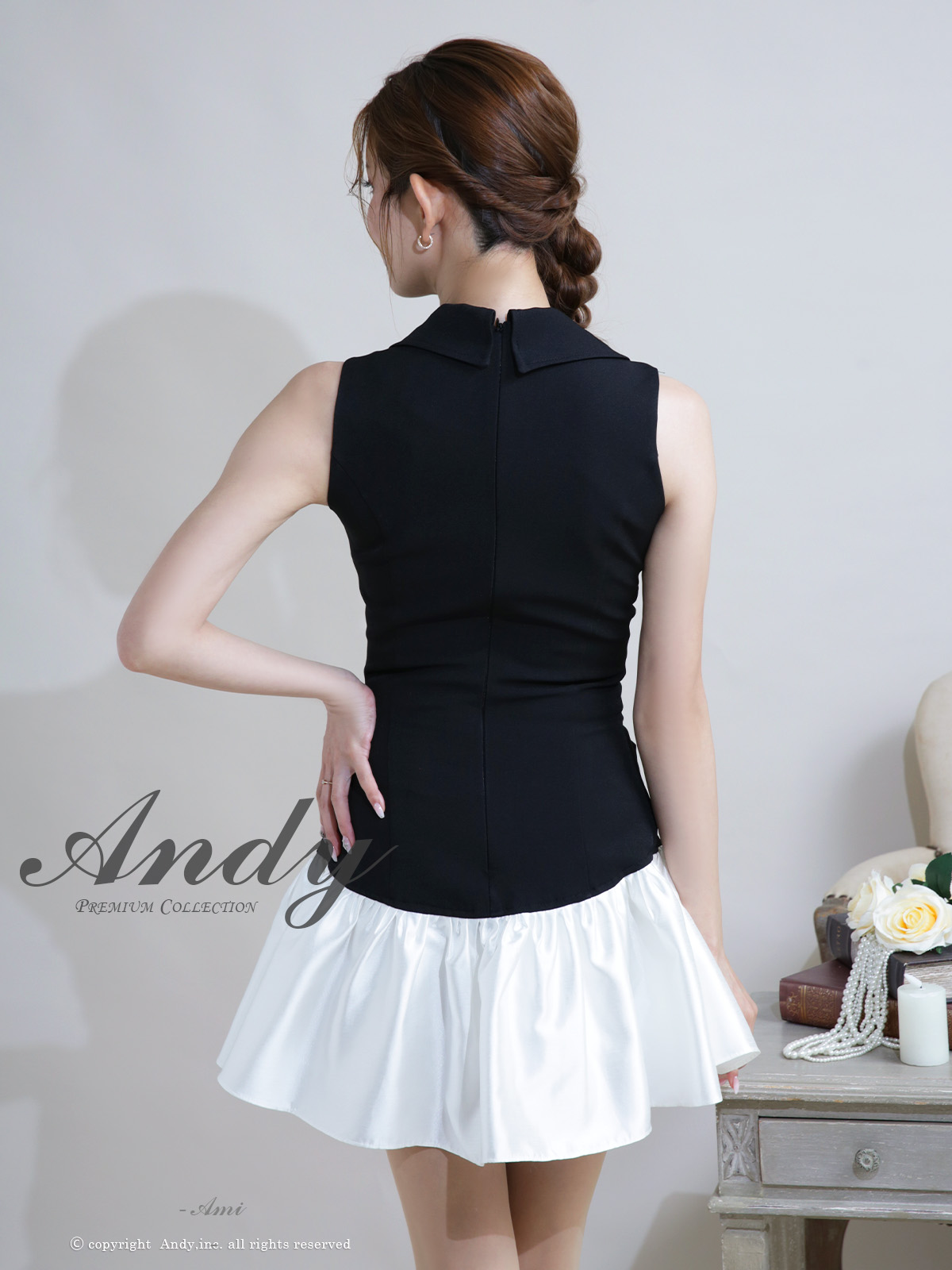 ノースリーブ 襟付き Vカット ビジューボタン プリーツ ワンカラー チュール フレアミニドレスの全身バック画像