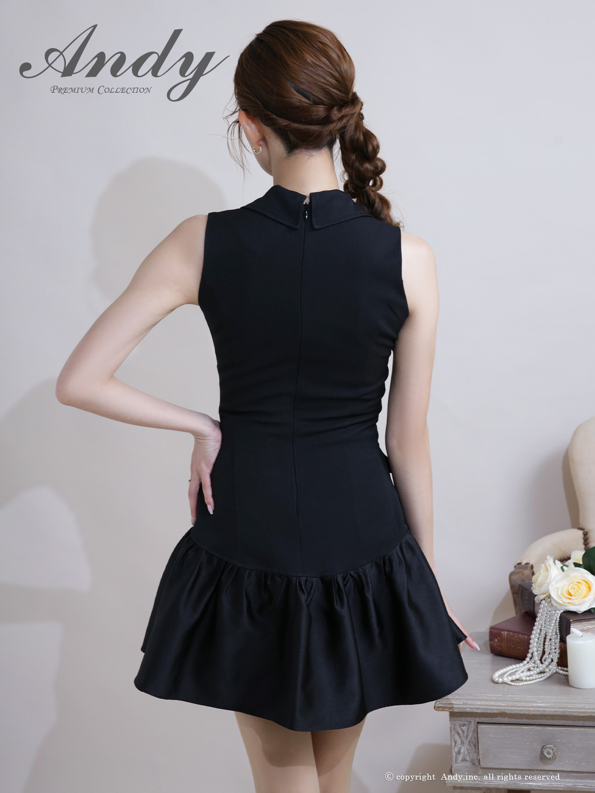 ノースリーブ 襟付き Vカット ビジューボタン プリーツ ワンカラー チュール フレアミニドレスの全身バック画像