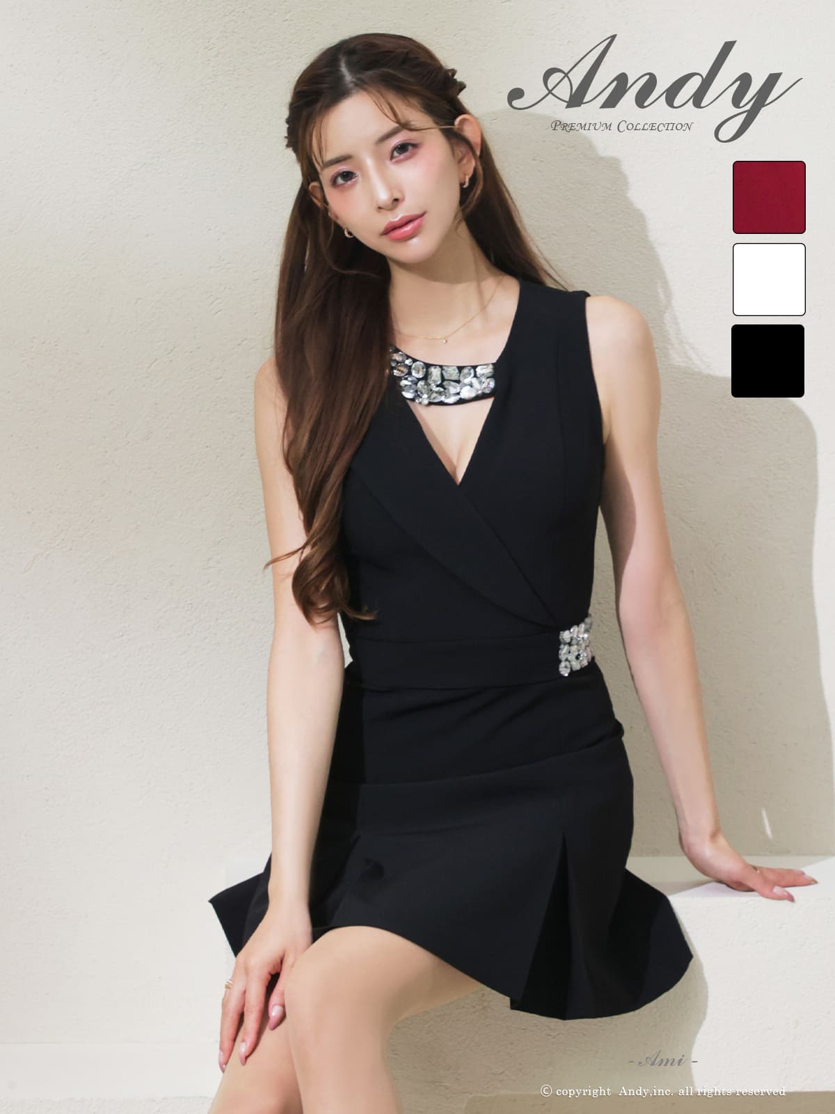 ノースリーブ バストカット ビジュー タック ウエストベルト プリーツ 襟付き フレアミニドレスのメイン画像2