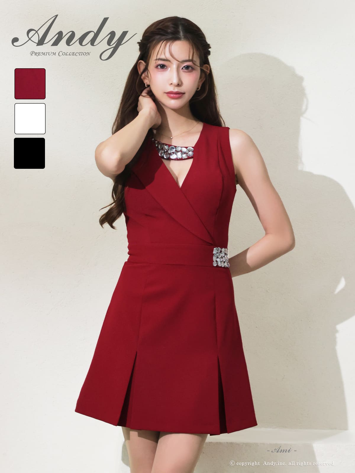 ノースリーブ バストカット ビジュー タック ウエストベルト プリーツ 襟付き フレアミニドレスのメイン画像3