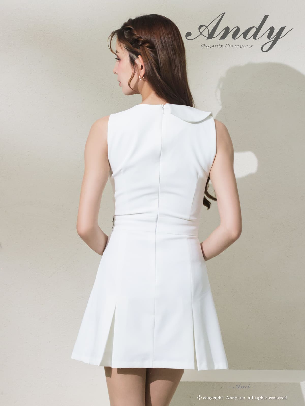 ノースリーブ バストカット ビジュー タック ウエストベルト プリーツ 襟付き フレアミニドレスの詳細画像3