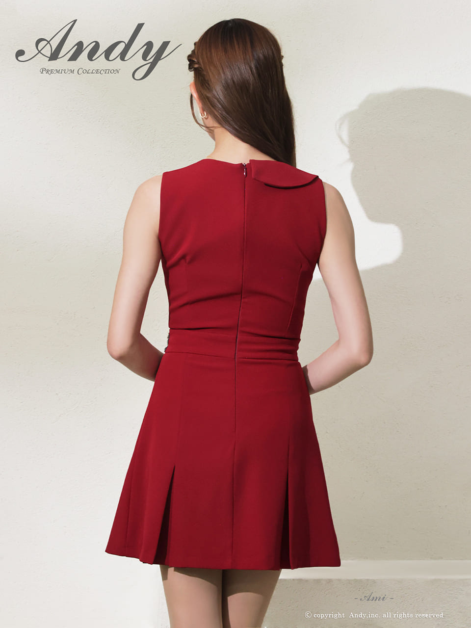 ノースリーブ バストカット ビジュー タック ウエストベルト プリーツ 襟付き フレアミニドレスの詳細画像3
