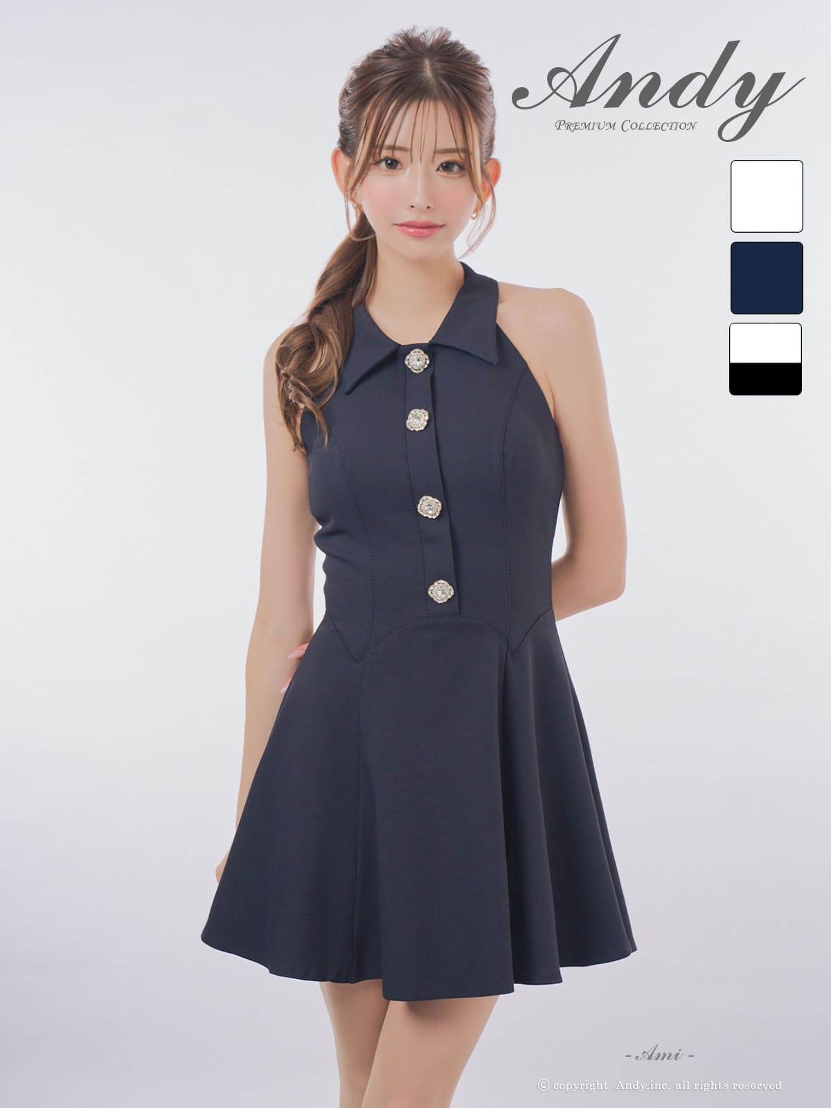 ノースリーブ 襟付き ボタン プリーツ フレアミニドレスのメイン画像3