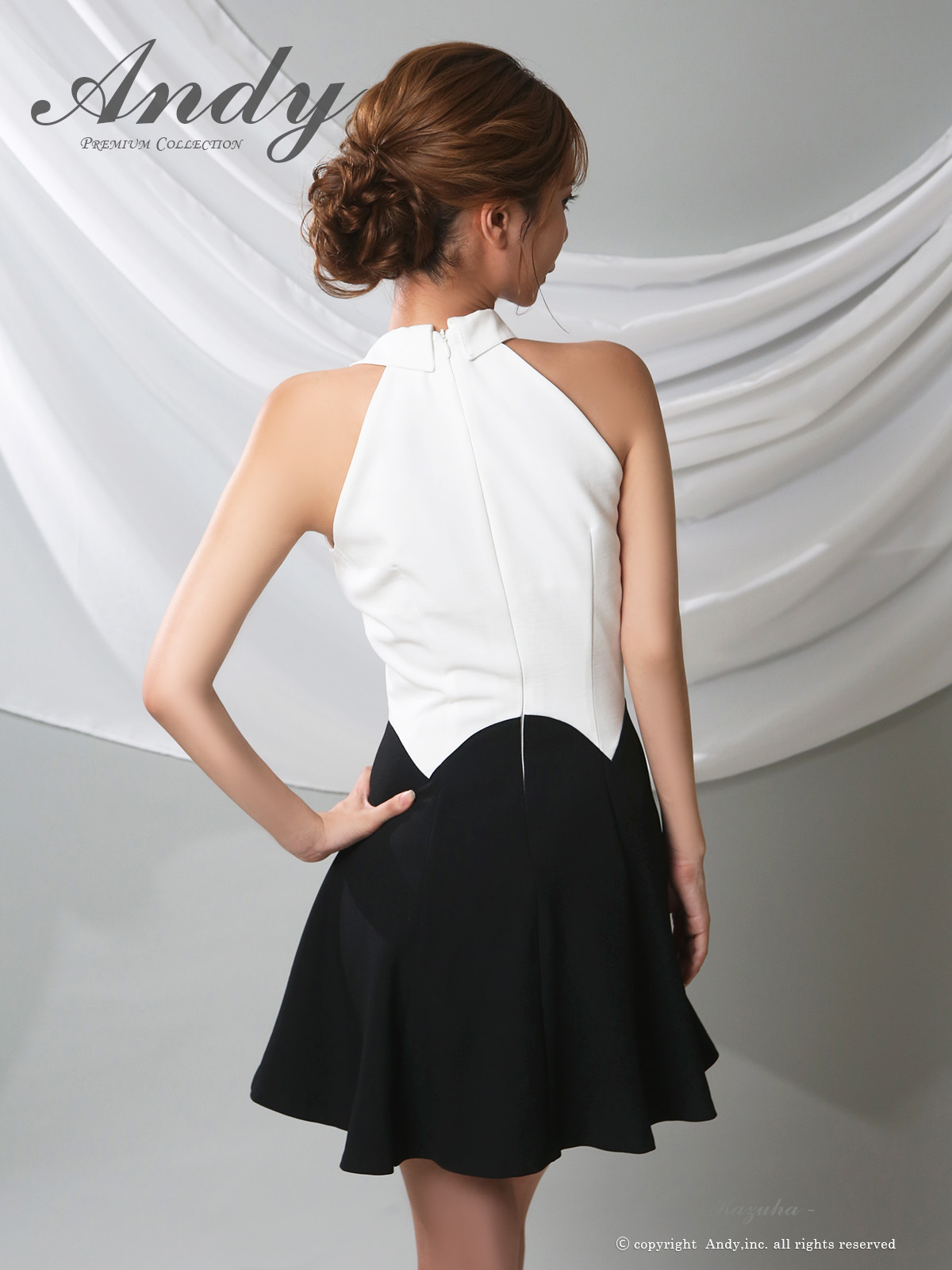 ノースリーブ 襟付き ボタン プリーツ フレアミニドレスの全身サイド画像1