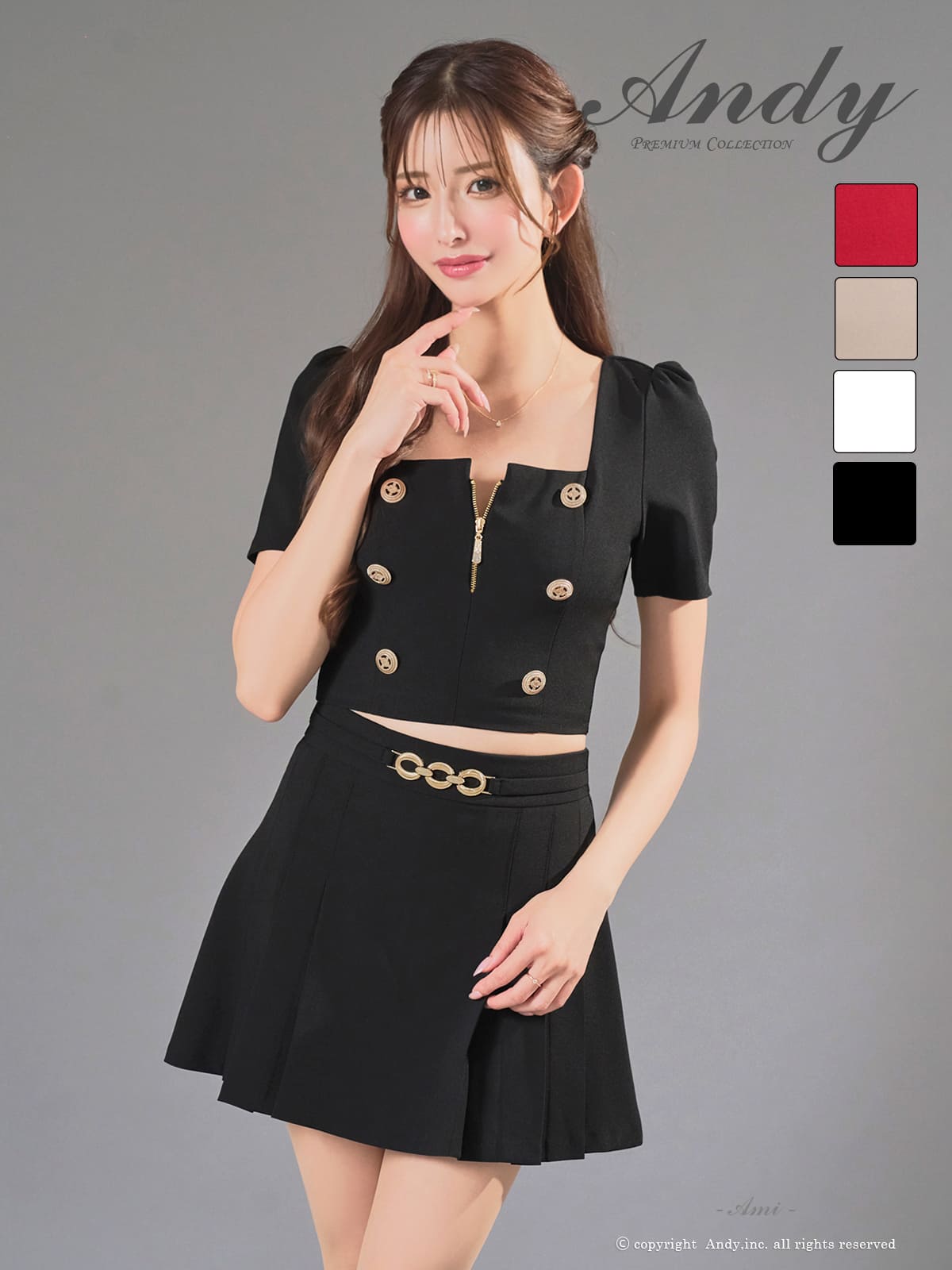 半袖 セットアップ ジップデザイン スクエアネック ボタン プリーツ チェーン フレアミニドレスのメイン画像2