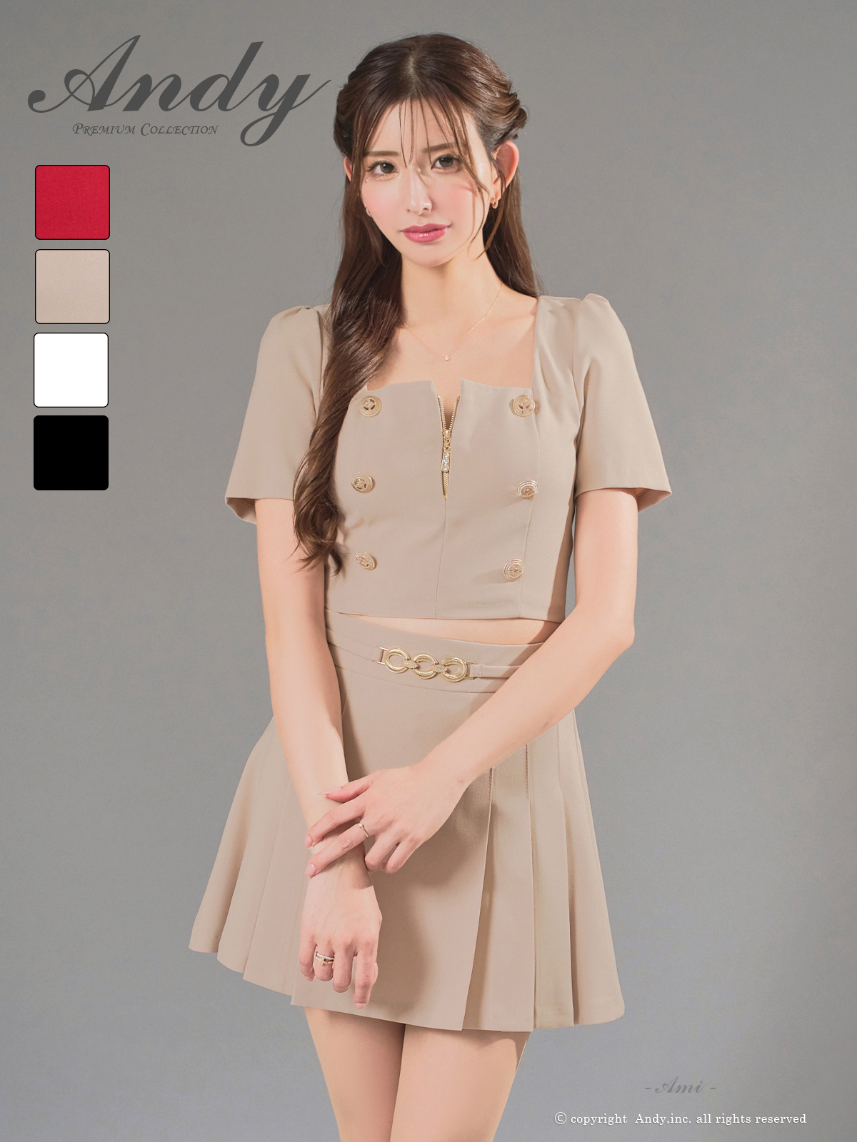 半袖 セットアップ ジップデザイン スクエアネック ボタン プリーツ チェーン フレアミニドレスのメイン画像3