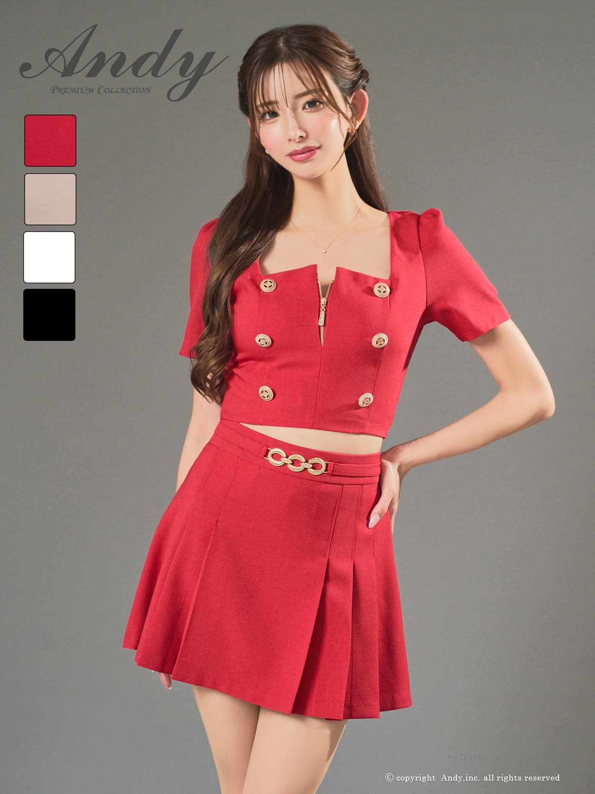 半袖 セットアップ ジップデザイン スクエアネック ボタン プリーツ チェーン フレアミニドレスのメイン画像3