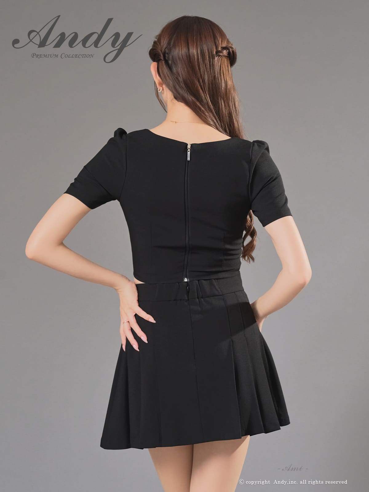 半袖 セットアップ ジップデザイン スクエアネック ボタン プリーツ チェーン フレアミニドレスの全身サイド画像1