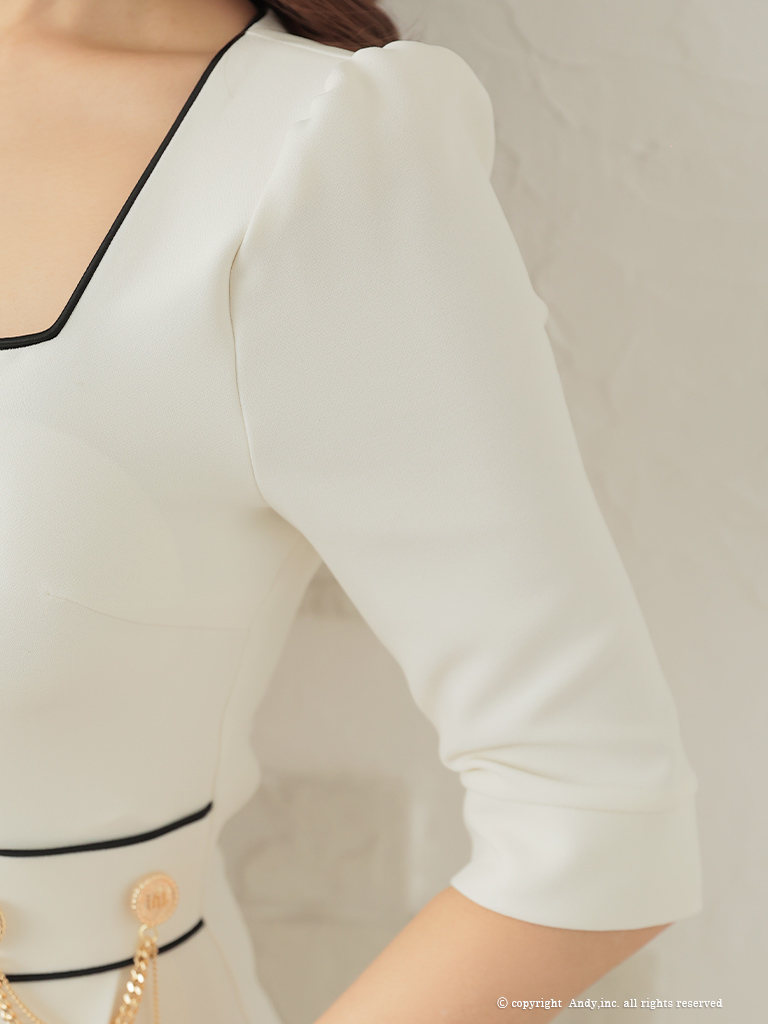 バイカラー チェーン ジップデザイン 袖あり 七分袖 フレア ミニドレス ビジューなし 胸元隠しドレス シンプル フレアミニドレスの詳細画像2