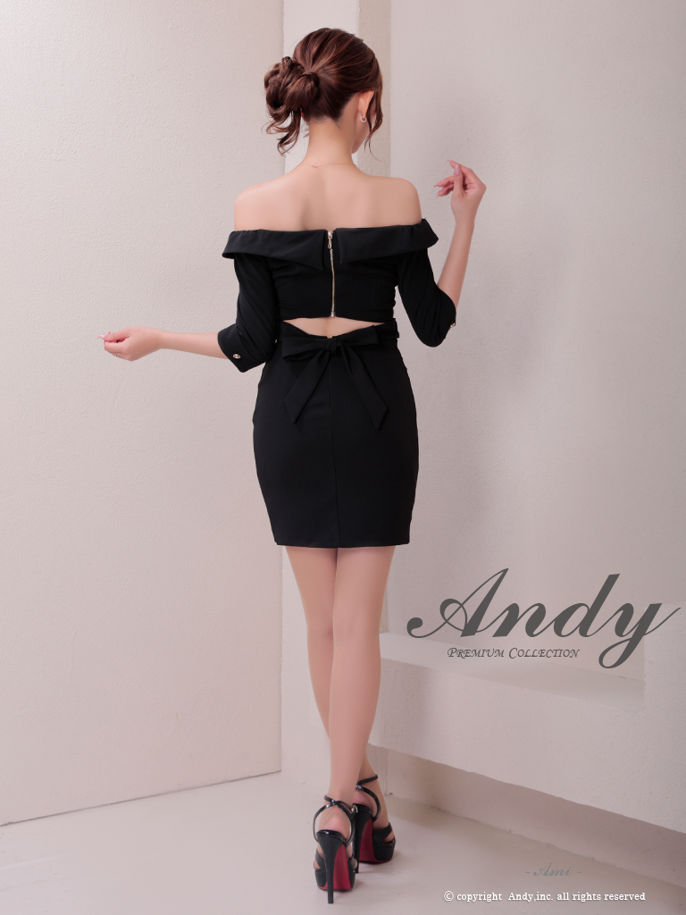 セクシー 袖あり オフショルダー ウエストマーク ボタン ジップデザイン バックカット リボン タイトミニドレスの全身バック画像1