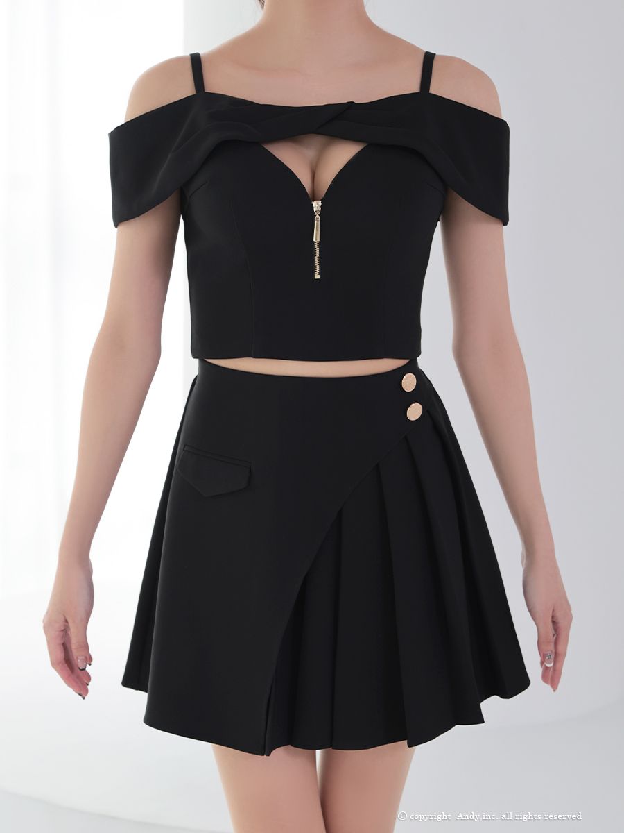 襟付き プリーツ 飾りボタン ジップデザイン セットアップ ノースリーブ フレアミニドレス詳細画像1