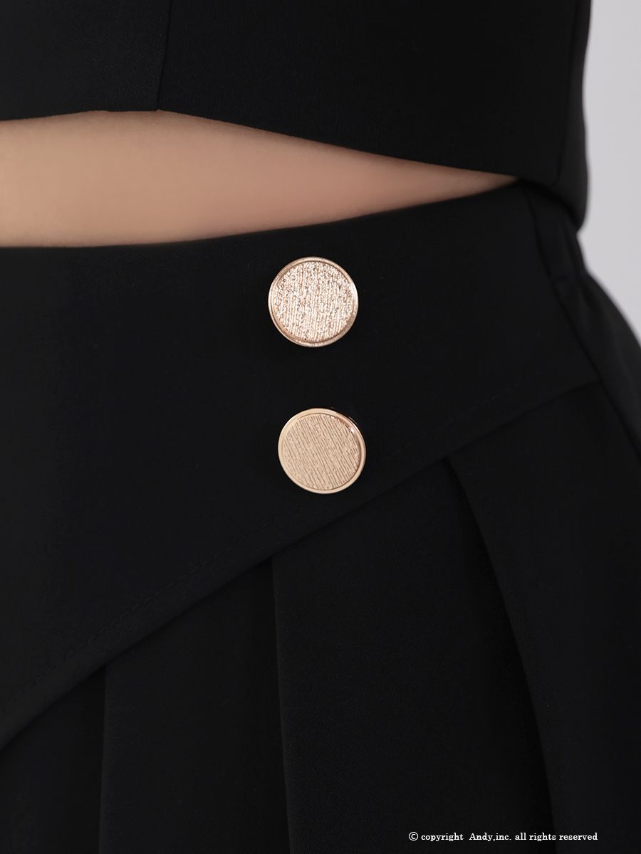 襟付き プリーツ 飾りボタン ジップデザイン セットアップ ノースリーブ フレアミニドレスの詳細画像3