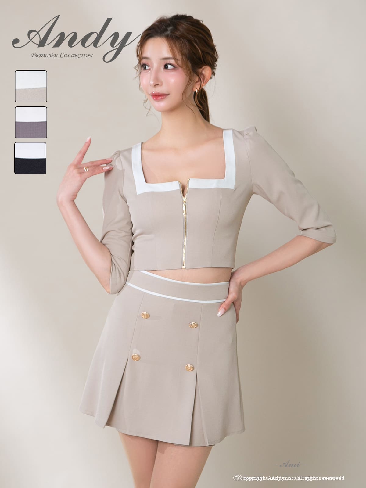 袖あり セットアップ ジップデザイン スクエアネック プリーツ フレアミニドレスのメイン画像3