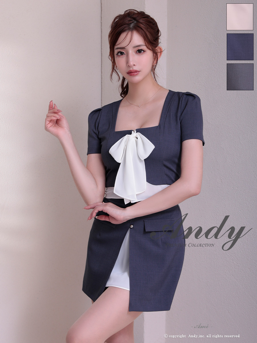 ボウタイ 半袖 飾りポケット 飾りボタン スクエアネック バイカラー セットアップ タイトミニドレスのメイン画像3