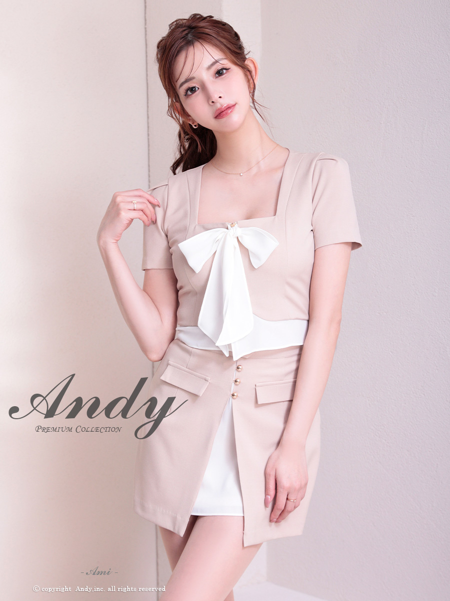 ボウタイ 半袖 飾りポケット 飾りボタン スクエアネック バイカラー セットアップ タイトミニドレスの全身フロント画像1