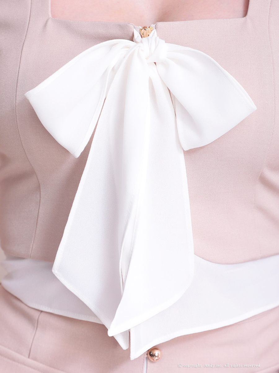 ボウタイ 半袖 飾りポケット 飾りボタン スクエアネック バイカラー セットアップ タイトミニドレスの詳細画像4