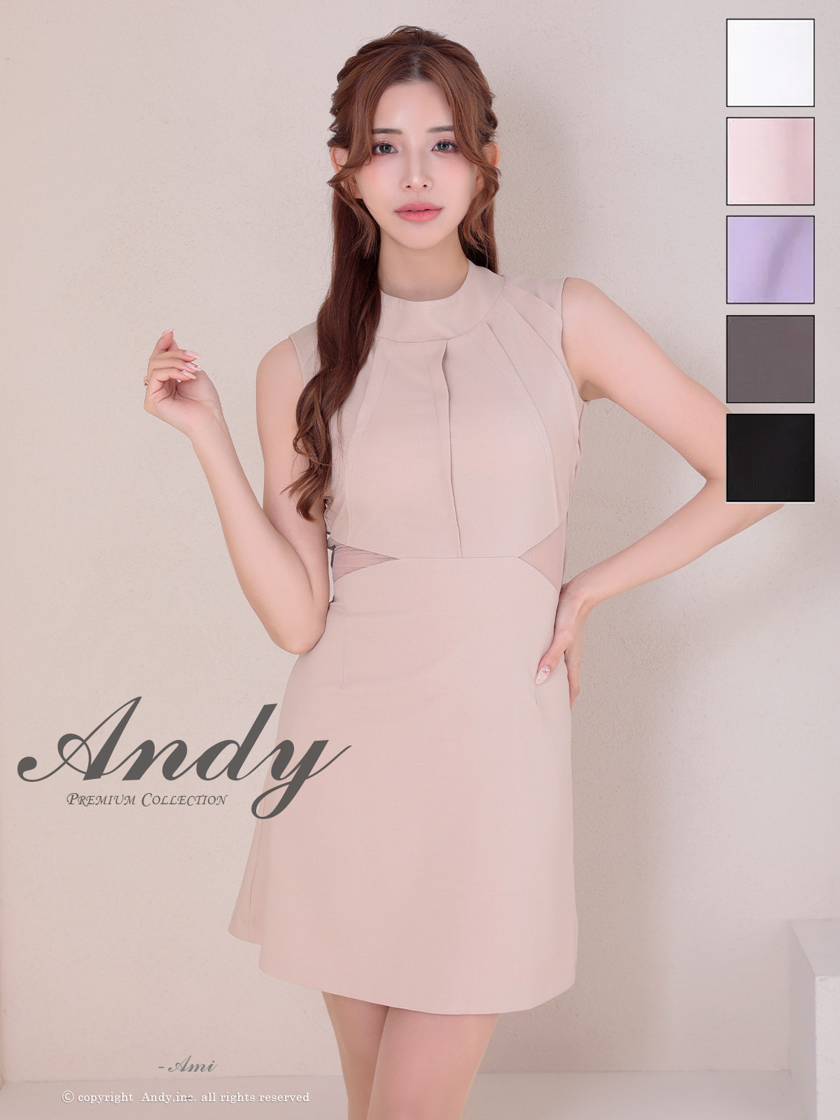 セクシー ノースリーブ バックカット リボン ハイネック くびれ透け ジップデザイン フレアミニドレスのメイン画像2