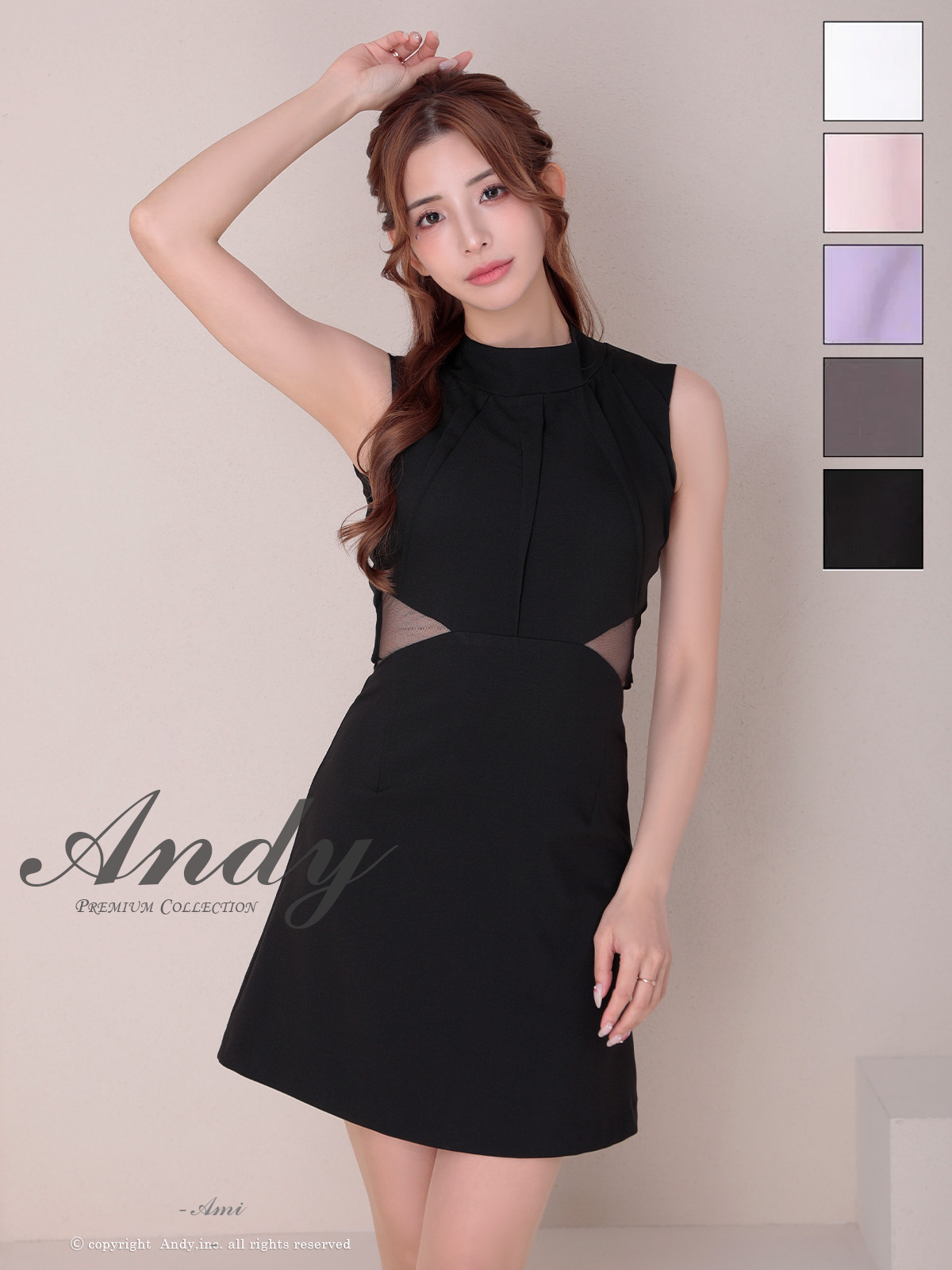 セクシー ノースリーブ バックカット リボン ハイネック くびれ透け ジップデザイン フレアミニドレスのメイン画像2