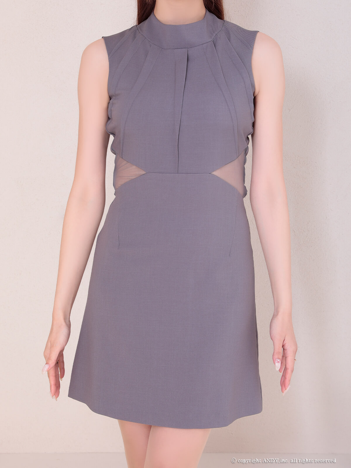 セクシー ノースリーブ バックカット リボン ハイネック くびれ透け ジップデザイン フレアミニドレスの詳細画像1