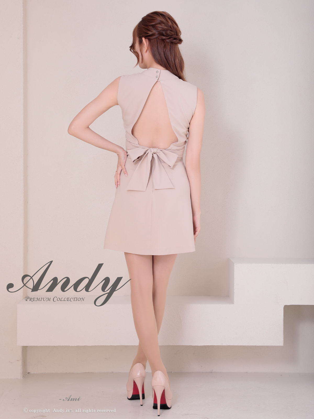 セクシー ノースリーブ バックカット リボン ハイネック くびれ透け ジップデザイン フレアミニドレスの詳細画像5