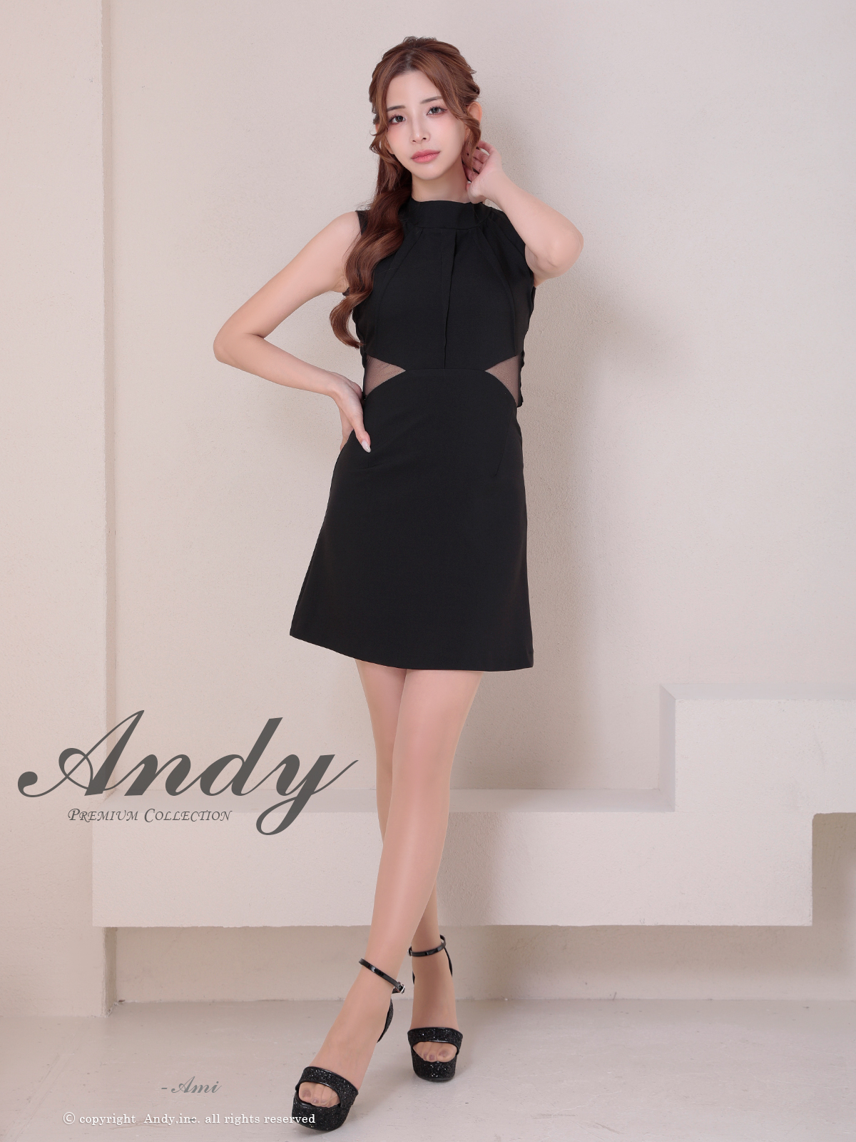 セクシー ノースリーブ バックカット リボン ハイネック くびれ透け ジップデザイン フレアミニドレスの詳細画像5