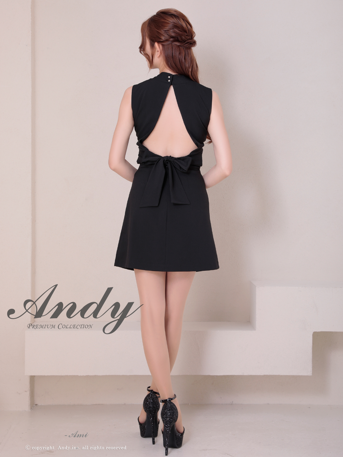 セクシー ノースリーブ バックカット リボン ハイネック くびれ透け ジップデザイン フレアミニドレスの詳細画像5